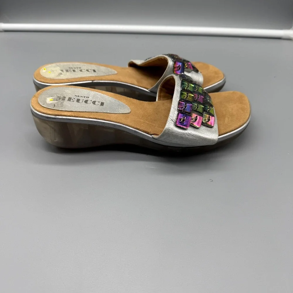 Y2K Sesto Meucci‎ Mens Silver Metallic Rainbow Gemstone Wedge Slide Sandals 6.5M